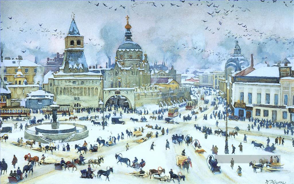 place lubyanskaya en hiver 1905 Konstantin Yuon scènes de ville de paysage urbain Peintures à l'huile